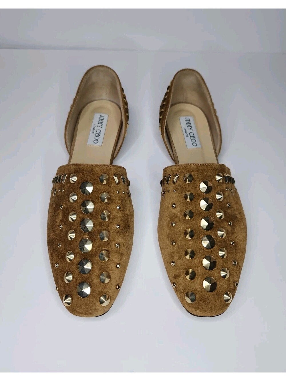 Jimmy Choo Globe d'Orsay Flats Brown Punk Studded Suede Shoes Women's 38.5 US 8